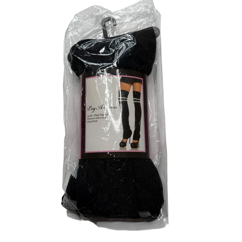 LEG AVENUE Leg Warmers Black Silver Lurex Stripe Thigh High Womens OS NEW - Picture 2 of 5